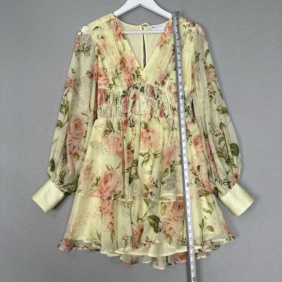 ASOS Design Womens Dress 4 Yellow Pearl Embellished Floral Tiered Fairy Boho - Picture 6 of 16